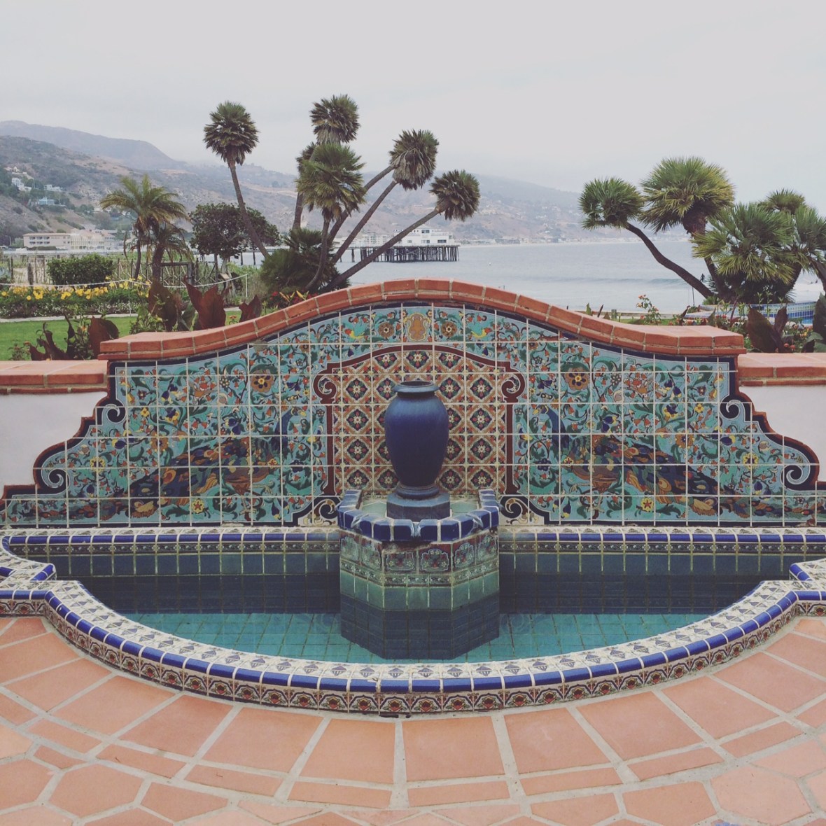Fountain on the back patio overlooking the Pacific Ocean