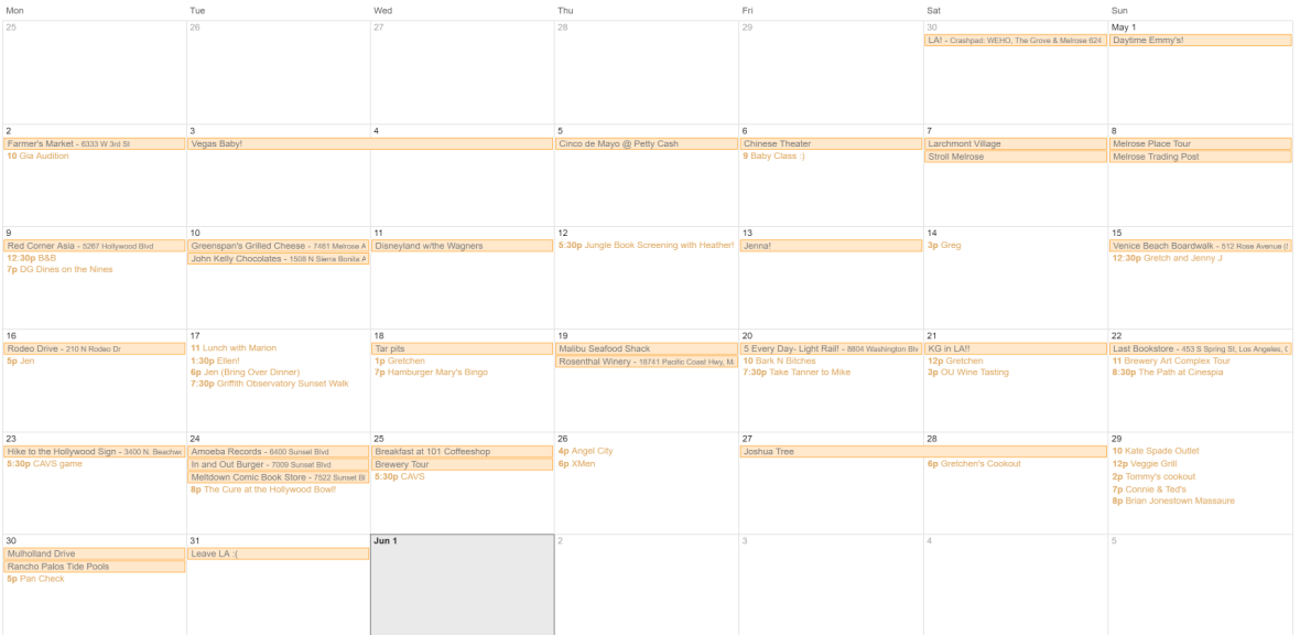My Google calendar where I planned my 30 things in 30 days in LA. I even exceeded my own expectations! 